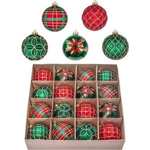 16ct Christmas Ball Ornaments Set, Red Green and Gold Shatterproof Hanging Decor